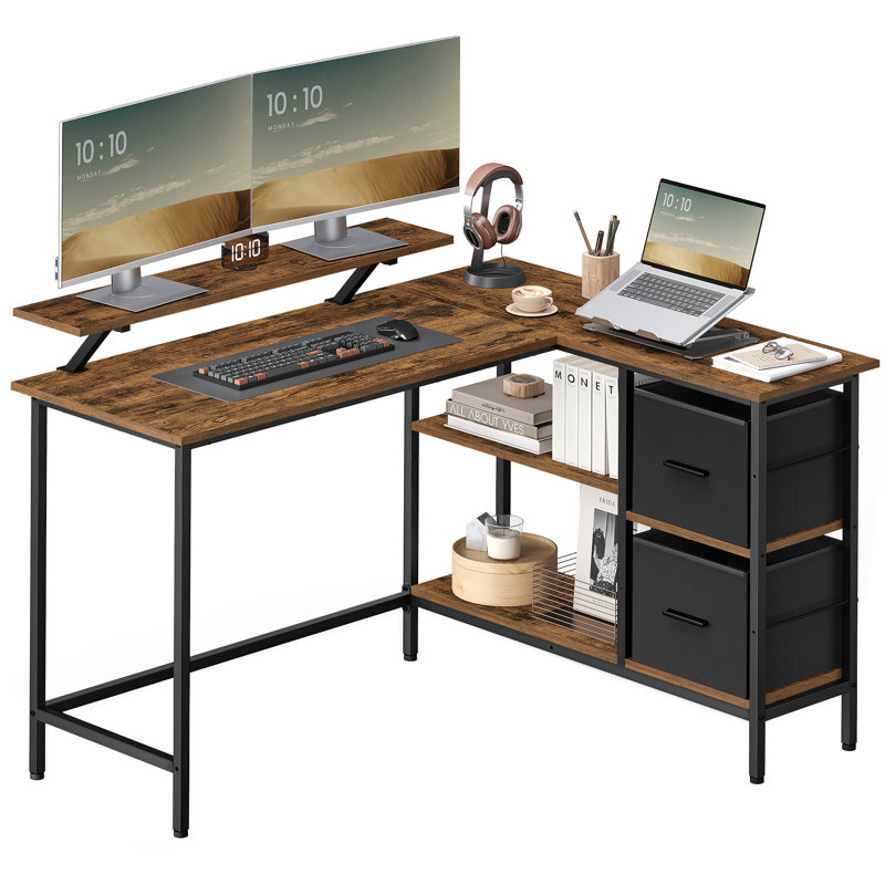 Aliyanah L-Shaped Metal Base Computer Desk, 89.5cm H x 135cm W x 105cm D, Rustic Brown