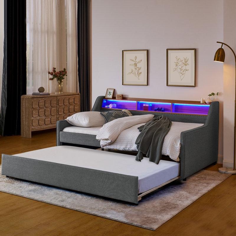 Upholstery Sofa Bed With Three LED Lights, With Storage Adjustable Headboard, With Foldable Leg Pull Up Trundle Bed And Wireless Charging, Linen Padded Sofa Bed Frame