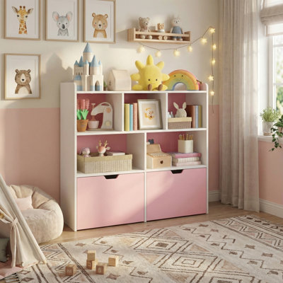 Armoire de rangement pour enfants avec portes et tablettes l 39,4 po x P 12,6 po x H 38,1 po, organisateur de bibliothèque pour salle de jeux pour chambre à coucher, bois d'ingénierie, rose et blanc