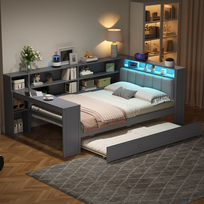 Lit plateforme simple avec lit gigogne, tête de lit à DEL, station de charge et bureau intégré, Gris