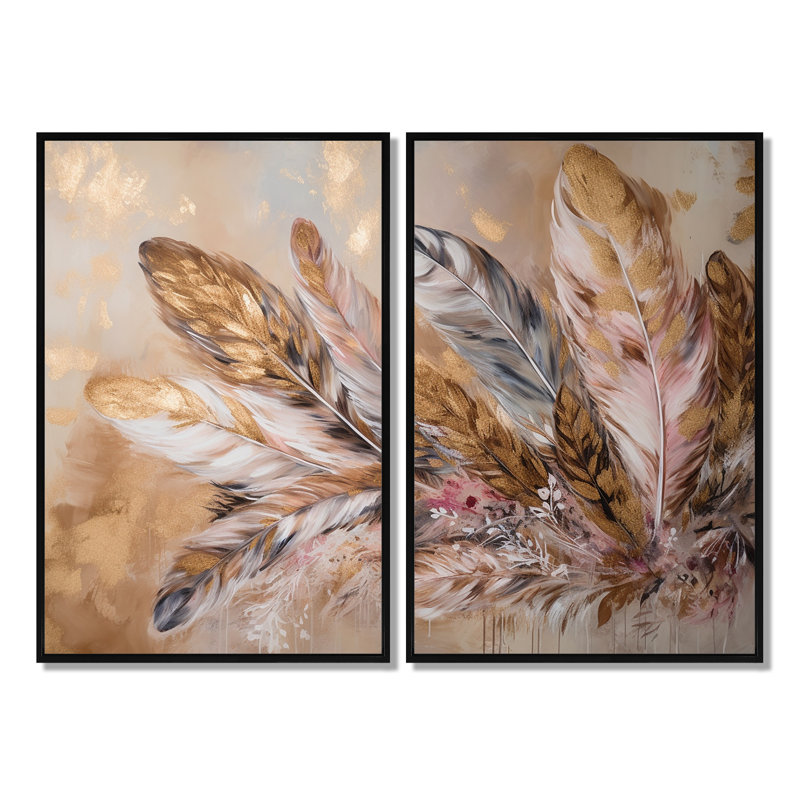 Plume dorée Boho Majesty - art mural 2 panneaux Glam Feather, H 36 po x l 48 po, Impression encadrée flottante, Noir