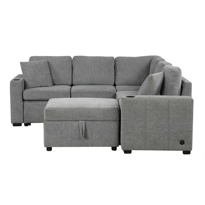 Canapé modulaire convertible en L 84,7 po Canapé-lit escamotable en L avec repose-pieds de rangement mobile, Gris