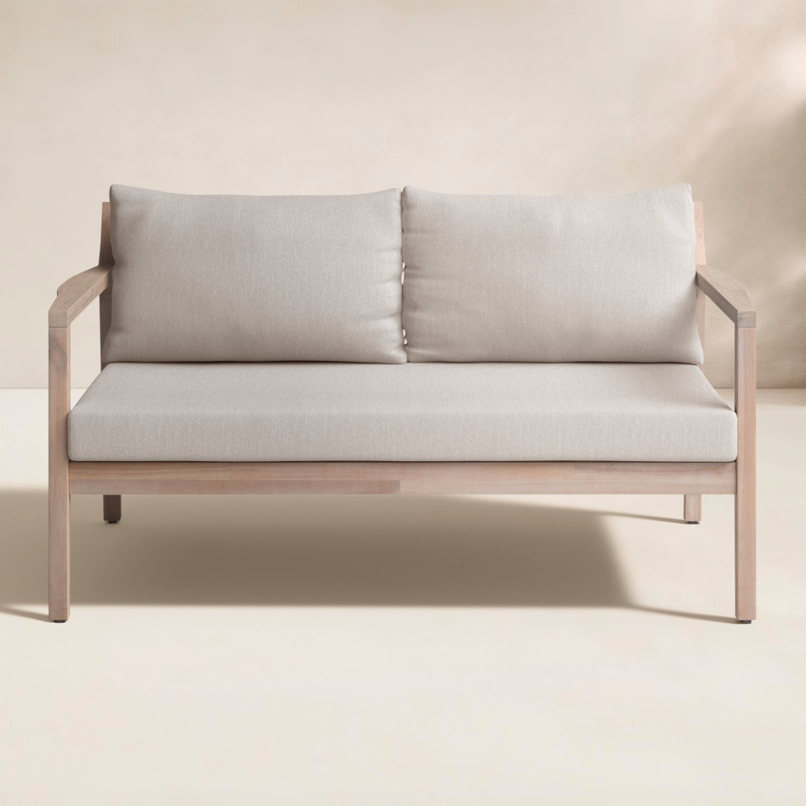 Amina 58" Acacia Patio Loveseat, Beige Performance Olefin