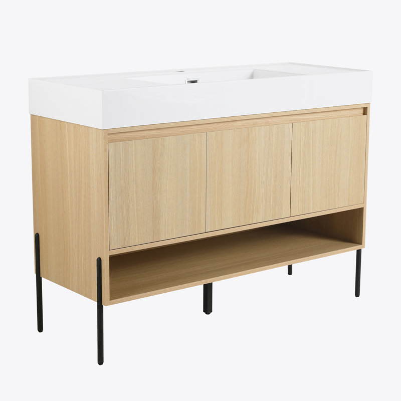 Ensemble de meuble-lavabo 48 po avec lavabo simple en résine, ensemble d'armoires de rangement modernes 3 portes, bois massif multicouche, chêne