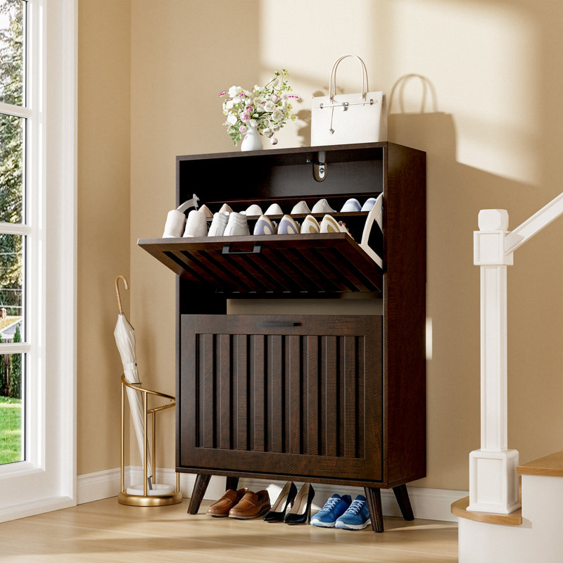 Entry Shoe Cabinet With 2 Flip Drawers, Freestanding Wooden Grooved Board Shoe Cabinet,Black, 2, Brown