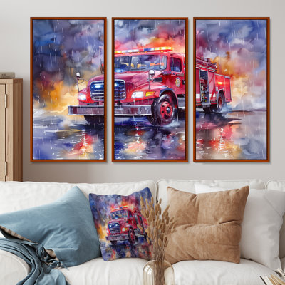 Camion de pompier rouge sous la pluie New York - ensemble de décoration murale pompier