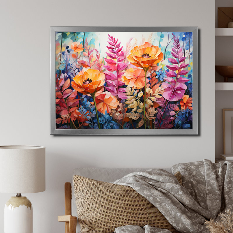 Collage de fougères multicolores - impression, H 16 po x l 32 po x P 1 po, Cadre simple argenté
