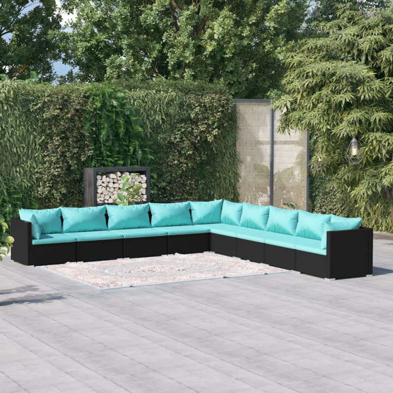 Ensemble de conversation modulaire avec coussins 9 pièces Markeeda, Bleu mer, Noir