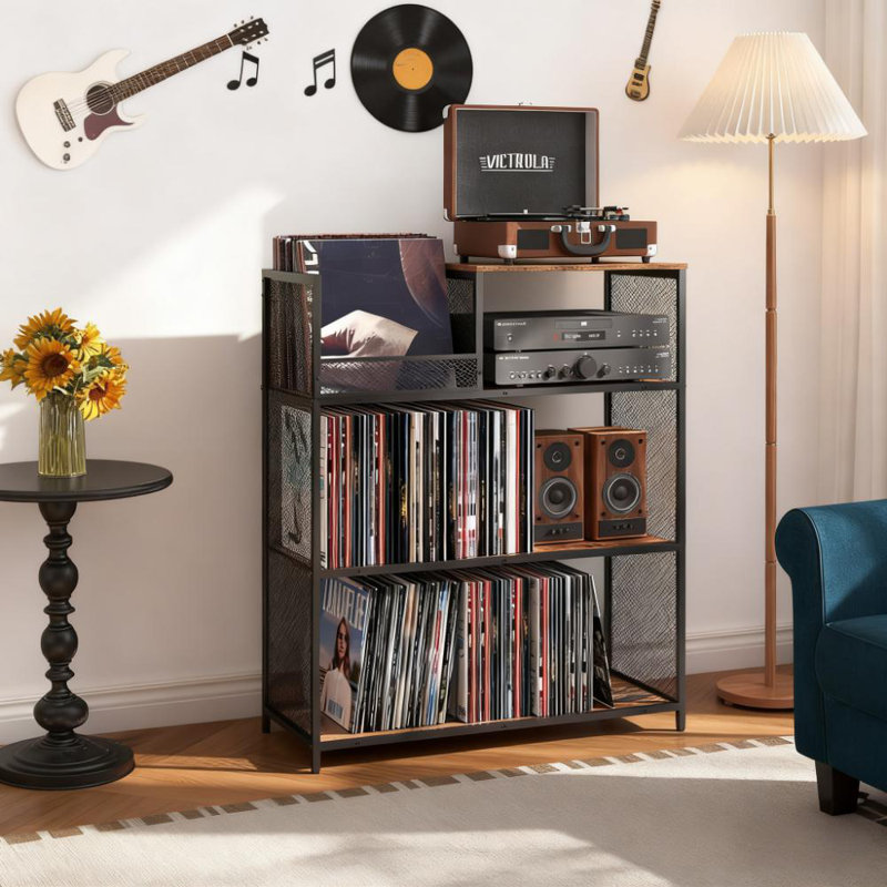 4-Tier Large Record Player Stand With Adjustable Dividers, Vinyl Storage For 450 Albums
