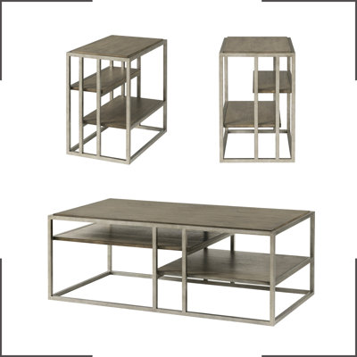 Living Room Table : Coffee  2 Chairside Tables, Metal Frame, Wood Surface, Brown, Rectangular, Fixed Shelves With And Materials: Shelves, Functional