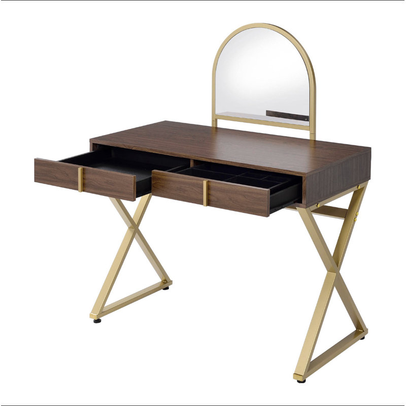 Bureau de coiffeuse 2 tiroirs avec miroir et plateau à bijoux