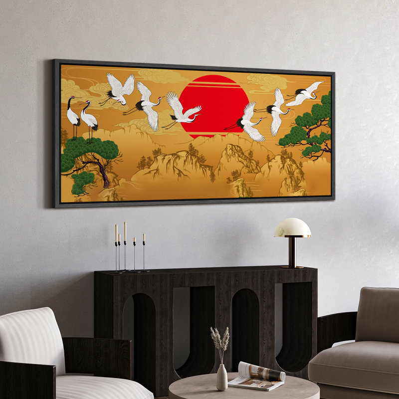Crane, coucher de soleil, style japonais traditionnel, art moderne, H 30 po x l 60 po, Noir, noir, noir, noir