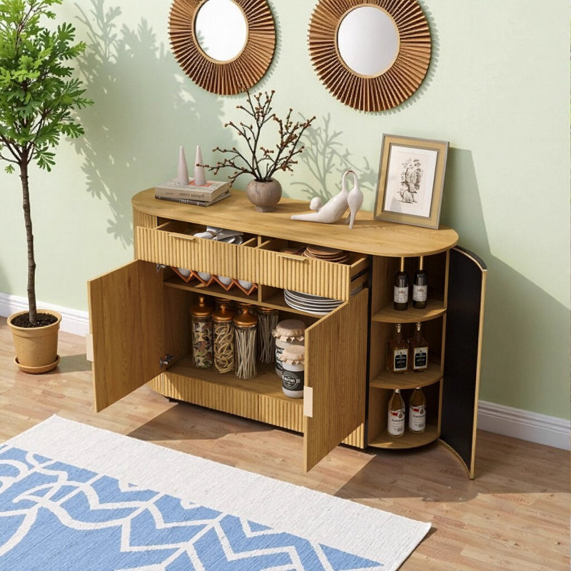 Armoire de rangement moderne 55,1 po avec 2 portes et 2 tiroirs, buffet à rayures en MDF avec poignées en aluminium, portes latérales courbées et tablettes à 3 niveaux pour le salon, la chambre à coucher et la salle à manger
