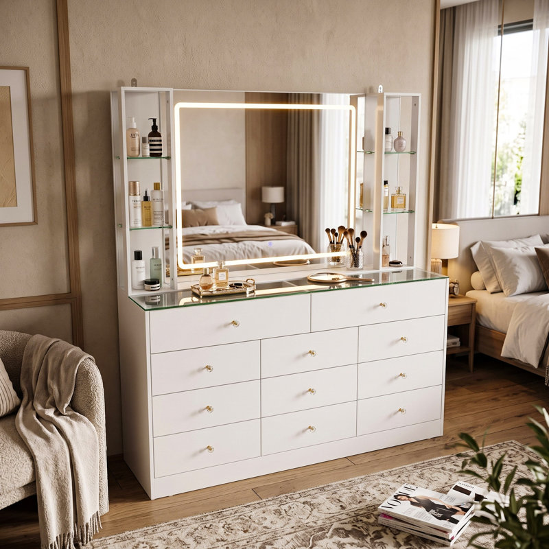 Coiffeuse blanche de 140 cm (55,1 po) avec miroir tactile à DEL, plateau et étagères en verre trempé, table de maquillage à 11 tiroirs avec dispositif anti-basculement