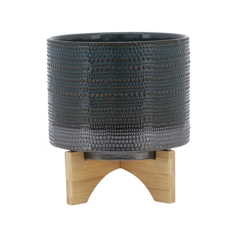 8" Dotted Planter W/ Wood Stand