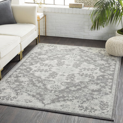 Grey Charcoal Traditional Rug, Bordered Floral Stain Resistant Easy to Clean Rug For Living Room, Dining Room, Bedroom