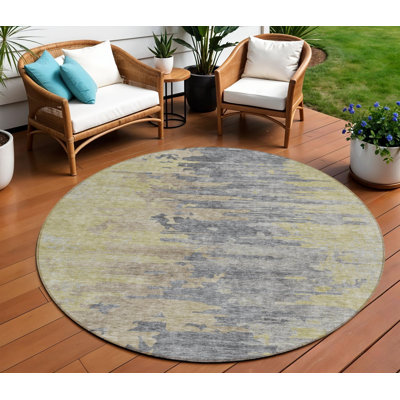 Tapis extérieur rond lavable abstrait argenté et gris 8 pi