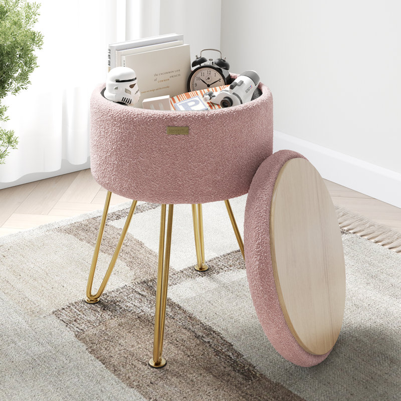 Modern Round Storage Ottoman Side Table, Gold, Pink boucle 