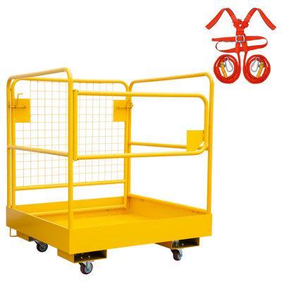 Cage de sécurité pour chariot élévateur avec harnais et verrou de sécurité, nacelle de levage de 91,4 cm x 91,4 cm, nacelle robuste d'une capacité de 544 kg avec 4 roues, plateforme de travail pliable pour la plupart des travaux en hauteur