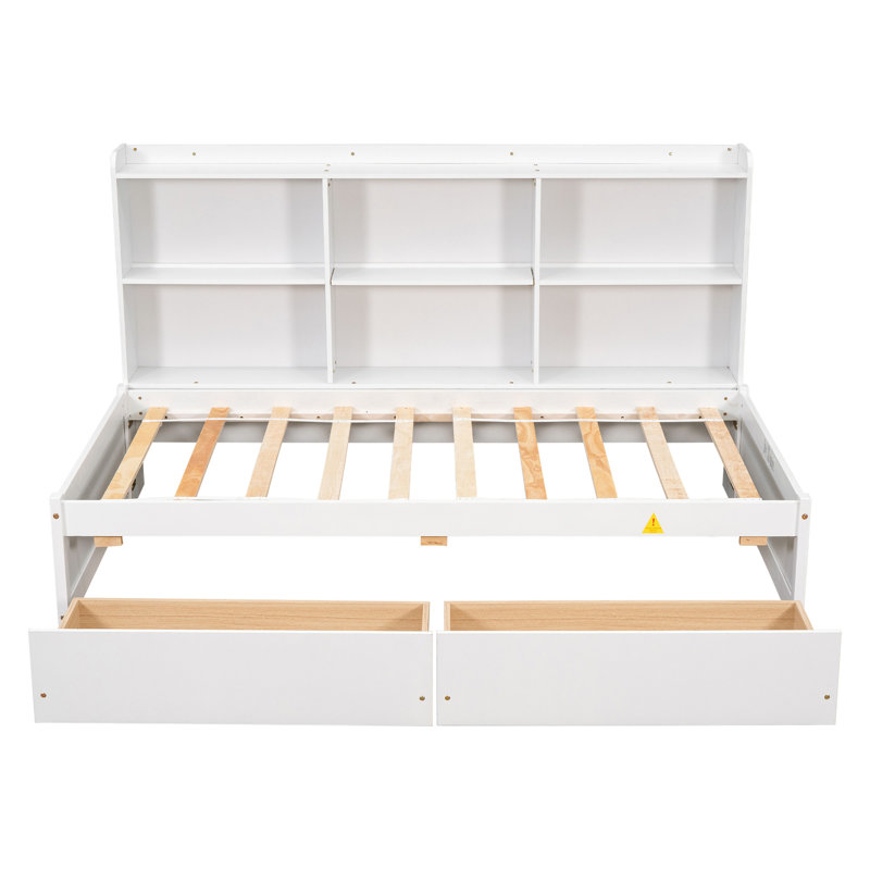 Bed with Side Bookcase, Drawers, Twin, White