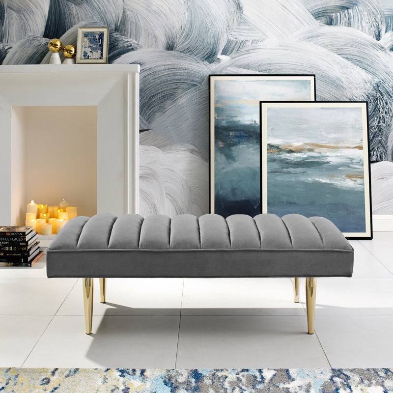 Banc rembourré Ulya Upholstery, Gris clair, Or