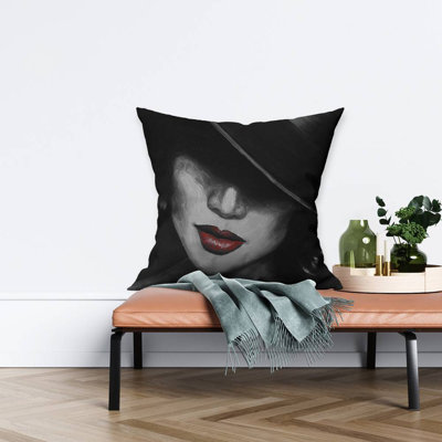 Mysterious red lips lady - 26"x26" Throw pillow cover - Poly twill - Print on demand