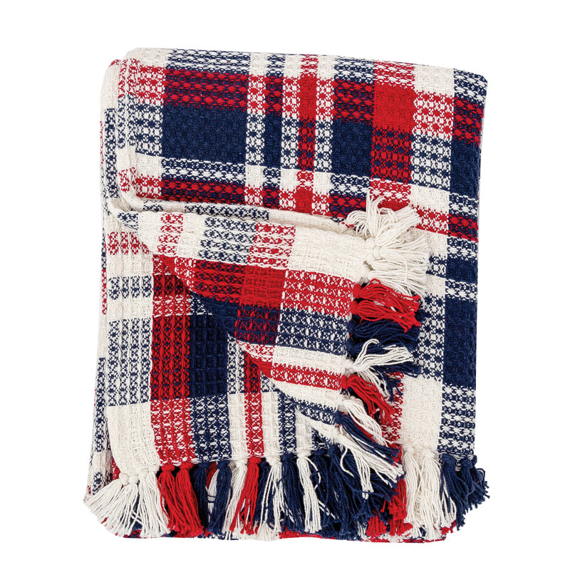 Patriotic Red White and Blue Cotton Plaid Throw Blanket