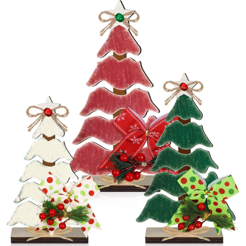 3 pièces de décorations de table d'arbre de Noël en bois pour table, centre de table de Noël rustique, plateau à niveaux, enseigne de table avec corde en chanvre et cloche pour les fêtes (classique)