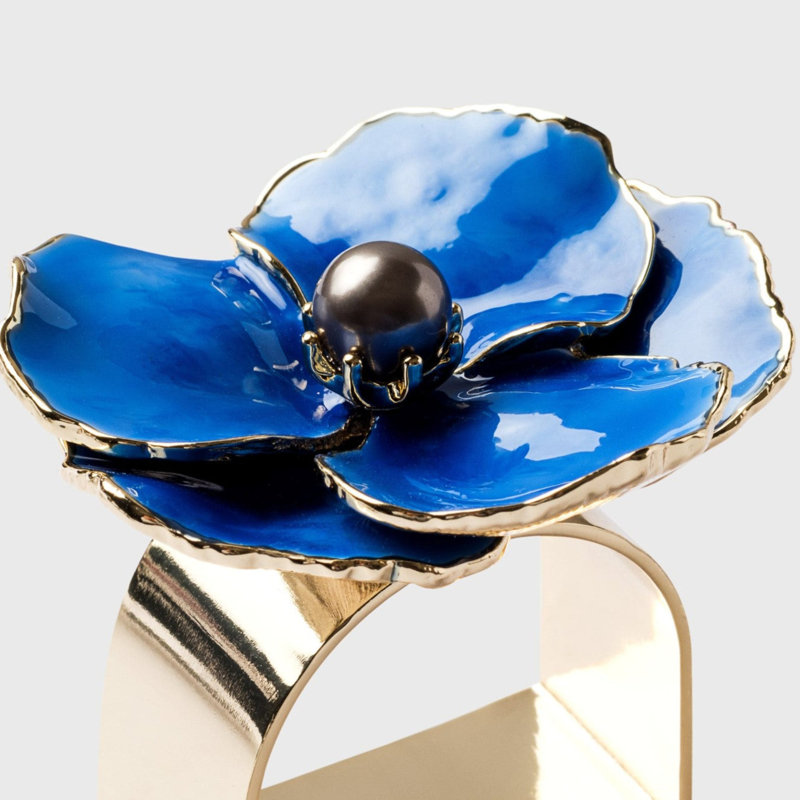 Enamel Flower Napkin Rings, Blue/Shiny Gold