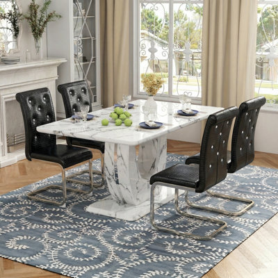63'' Modern Glam Faux Marble Dining Set With [4/6] Crystal Button Tufted Faux Alligator Leather Chairs