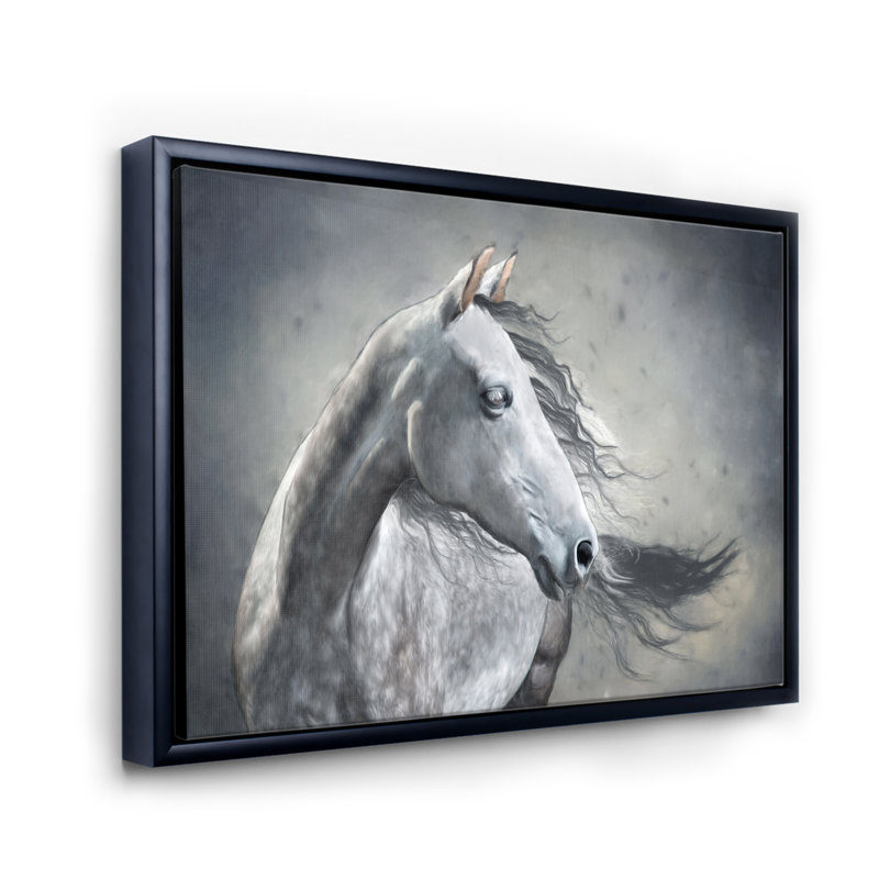 Portrait monochrome d'un cheval sauvage - peinture sur toile, H 12 po x l 20 po x p 1 po, Cadre flottant noir