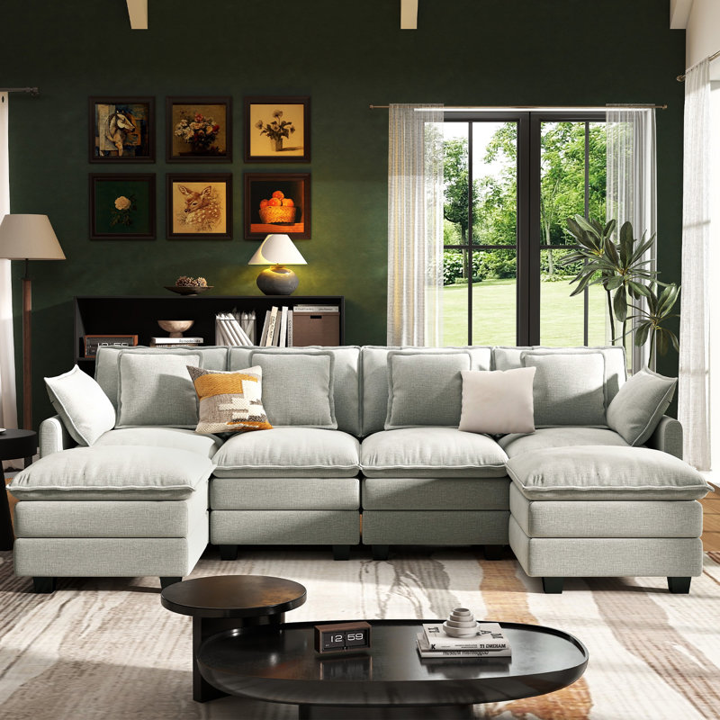 George 6-Piece Upholstered Chenille U Shaped Sectional Sofa with Two Ottomans, Gray
