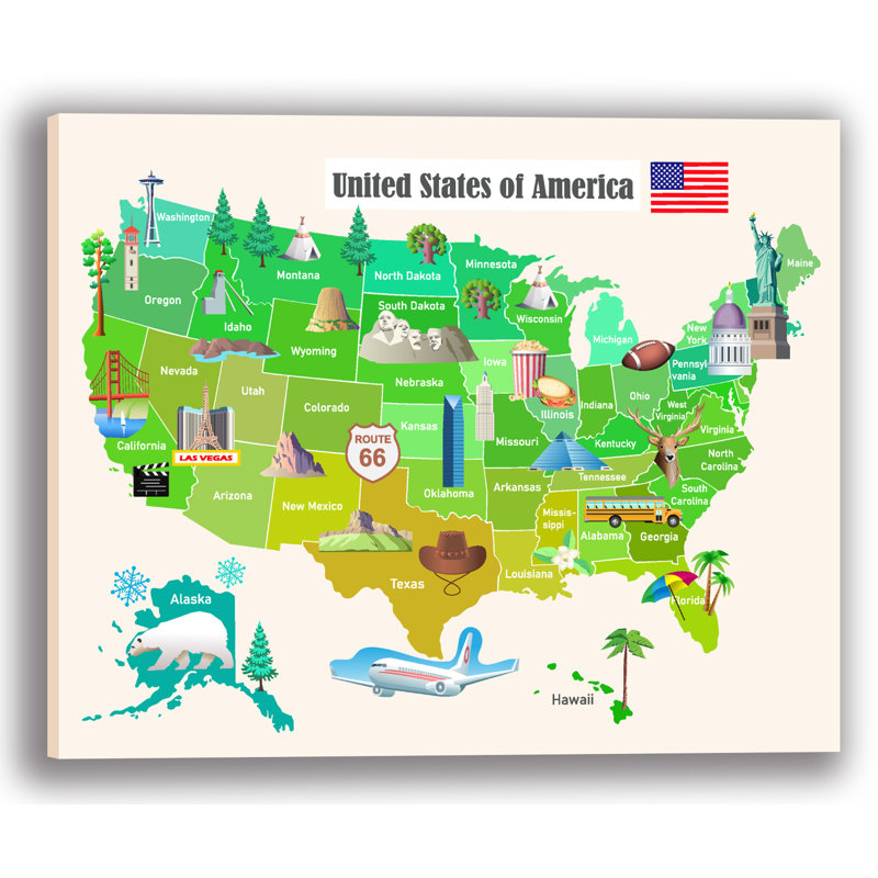 États-Unis d'Amérique, carte illustrée sur toile tendue, H 24 po x l 36 po