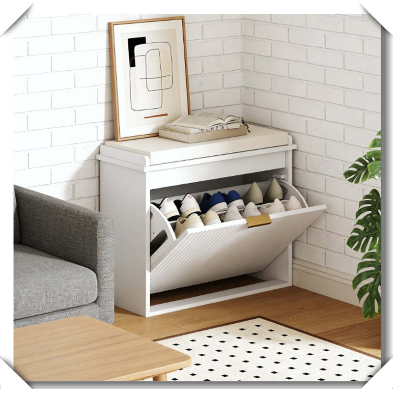 Entryway Shoe Storage Bench Elegant Slim Space Saving Design, Beige,White, 1 Flip Drawers