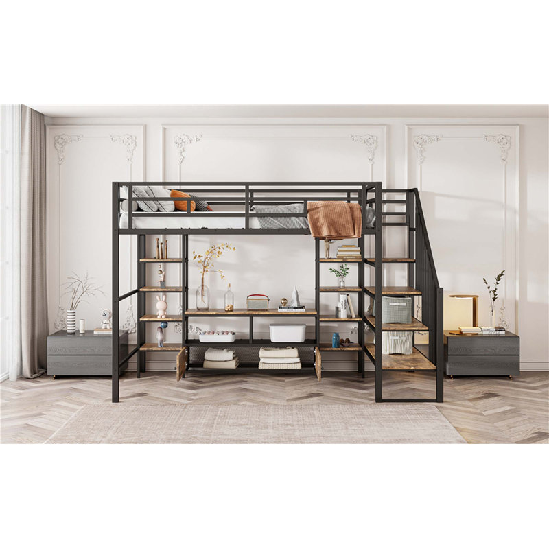 Lit mezzanine double en métal avec escalier, table de rangement basse et tablettes de rangement
