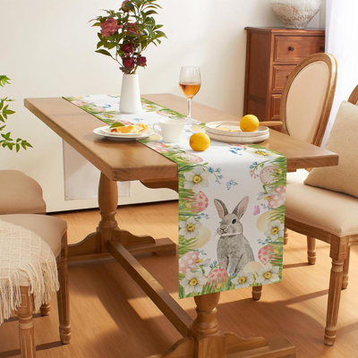 Easter Bunny Table Runner, Spring Rabbit Egg Flowers Floral Table Decor, Seasonal Holiday Home Party Decoration For Indoor & Outdoor Use