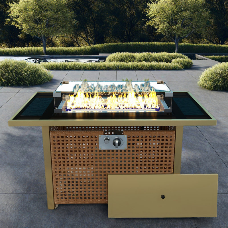 Propane Gas Fire Pit Table With Glass Wind Guard And An Open Basket-wave Patterned Wicker, Orange Yellow