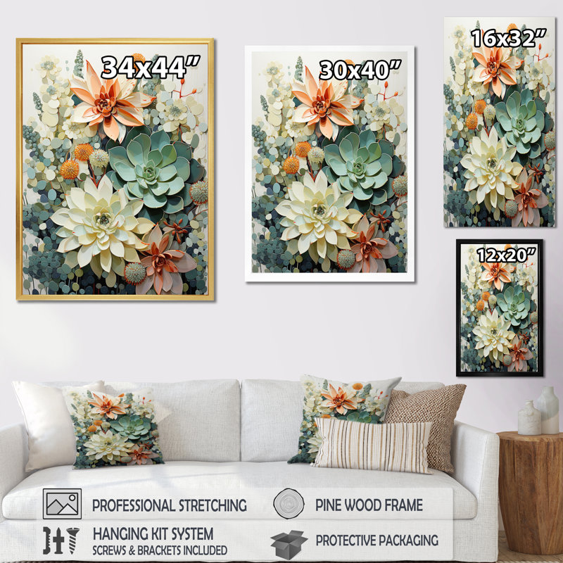 «Rexlake Green White Succulents Flowers Serene I», reproduction sur toile, Toile tendue, H 32 po x l 16 po x P 1 po