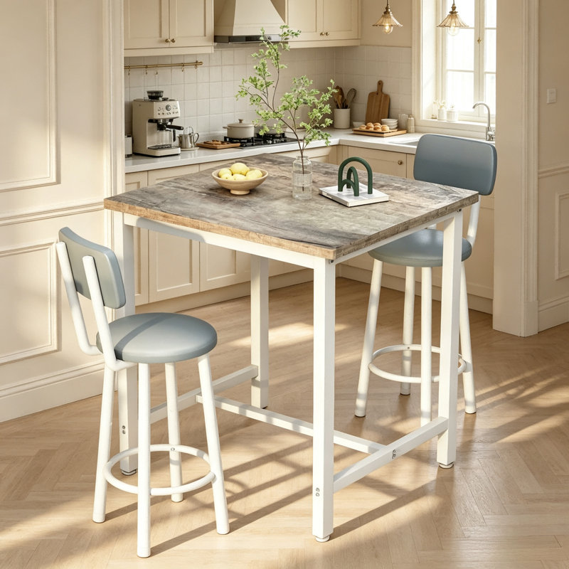 Ensemble de salle à manger industriel haut, table de pub compacte 3 pièces avec 2 tabourets confortables, options de marbre et de bois rustique pour studio et café, noir