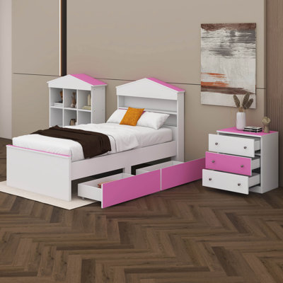  Alser 3-Pieces Bedroom Sets, Twin Size House-Shaped Wooden Bed With Storage Drawers, Nightstand With Colorblock Design And House-Shaped Stroage Rack