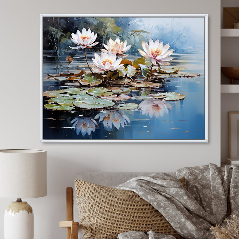 «Reflection Lotus Stillness Meditation I», art mural sur toile Lotus, Cadre flottant blanc, H 30 po x l 40 po