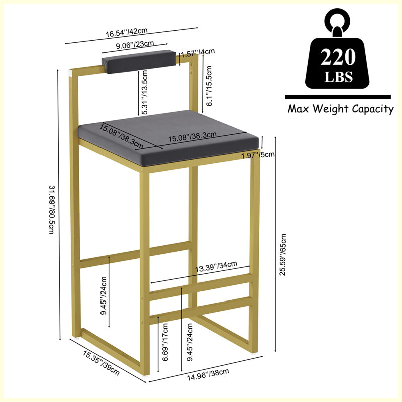 Modern Set of 2 Upholstered Bar Stools for Kitchen, Gray, Gold