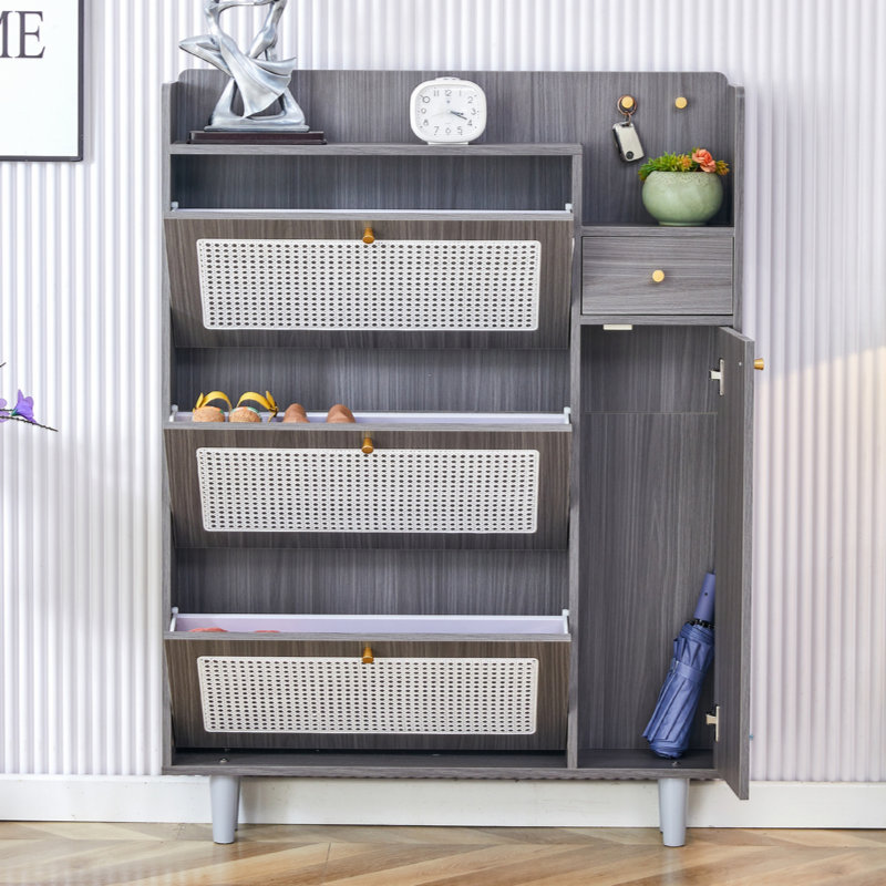 Modern Minimalist Rattan Shoe Cabinet – Japanese-Inspired Storage Bench for Entryway, Living Room & Small Spaces | Easy Assembly Gray MDF Bed Top Cabinet