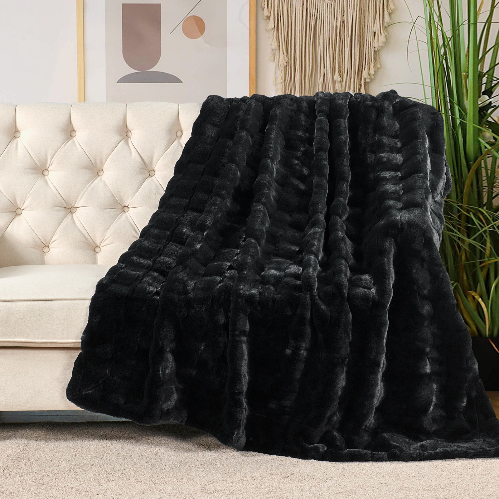 Biscoe Faux Fur Knitted Throw Blanket, Black, 50"W x 70"L