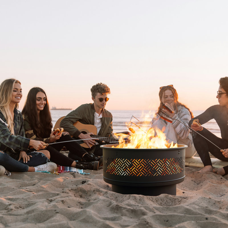 26" Wood Burning Fire Pits With Grill & Lid, Fire Pit Table For Outside With Waterproof Cover & Fire Poker, Outdoor Firepit With Functions For Bbq,table And Bonfire