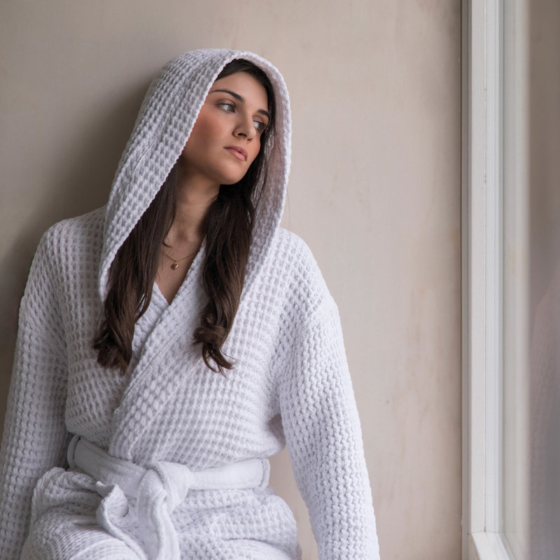 Aura 100% Cotton Waffle Gender Neutral Bathrobe with Hood, White, S