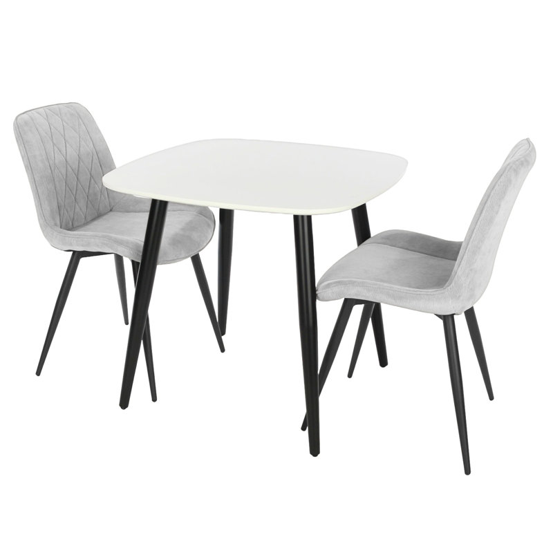 Aspen 3-Piece Casual Dining Set - Square Dining Table & Two Upholstered Diamond Fabric Chairs, White, Grey