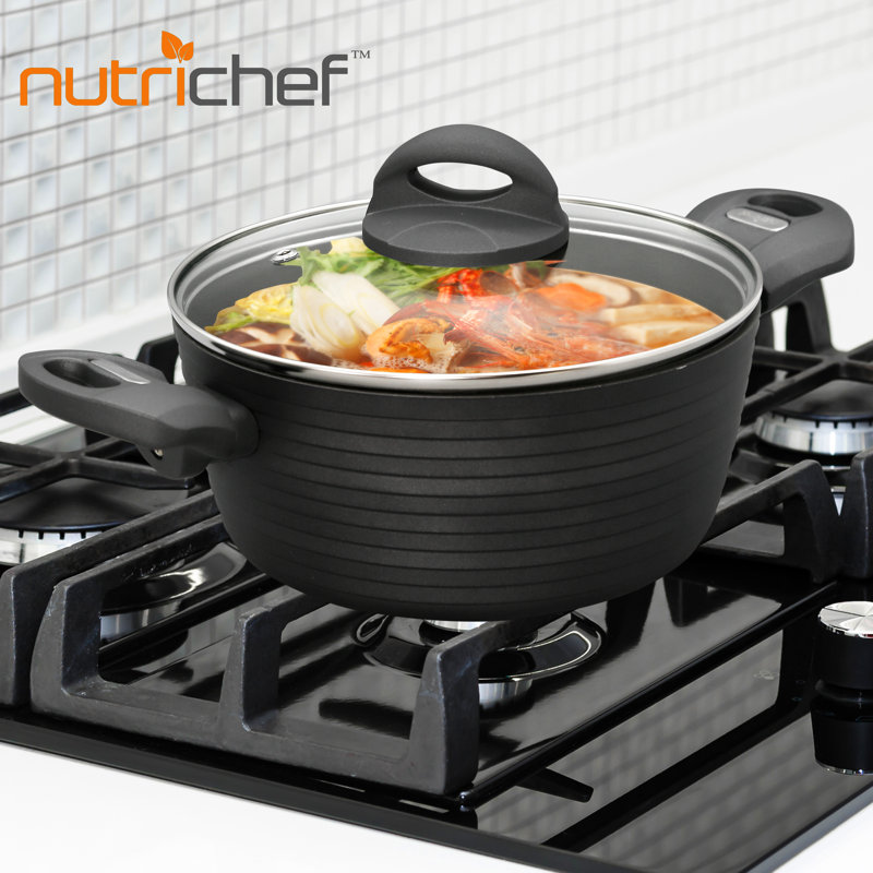 Black Aluminum 2 Quart Cooking Pot with Tempered Glass Lid