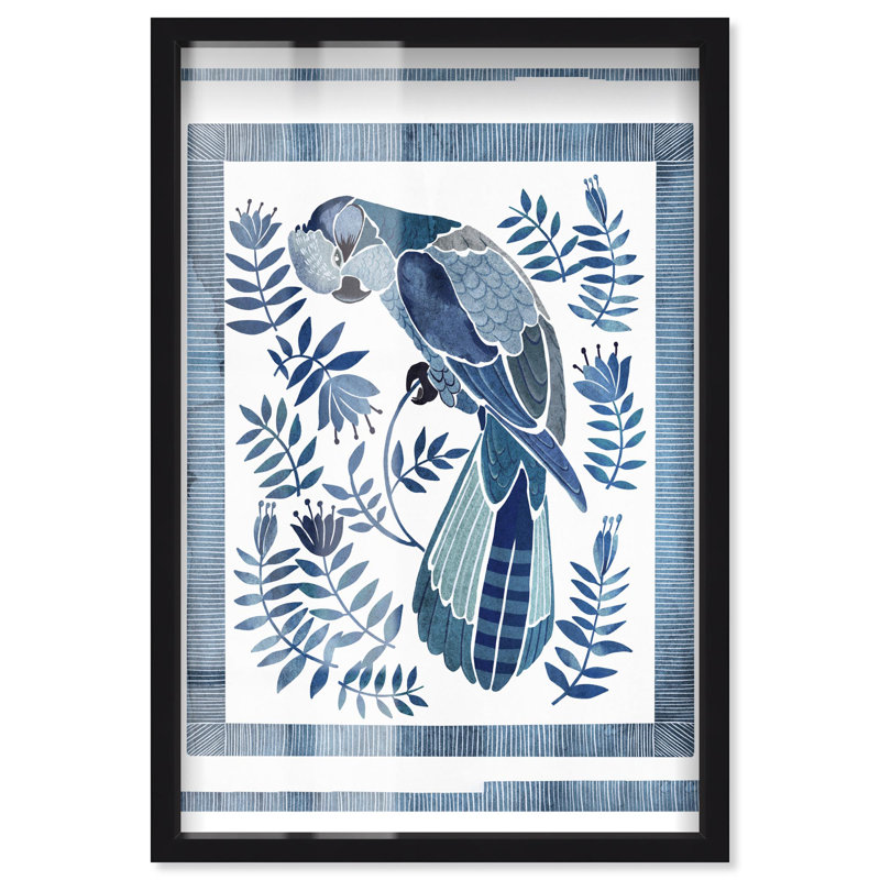 Cockatoo Chinoiserie, décor bleu, boîte-cadre par Art Remedy, Noir, H 21 po x l 17 po