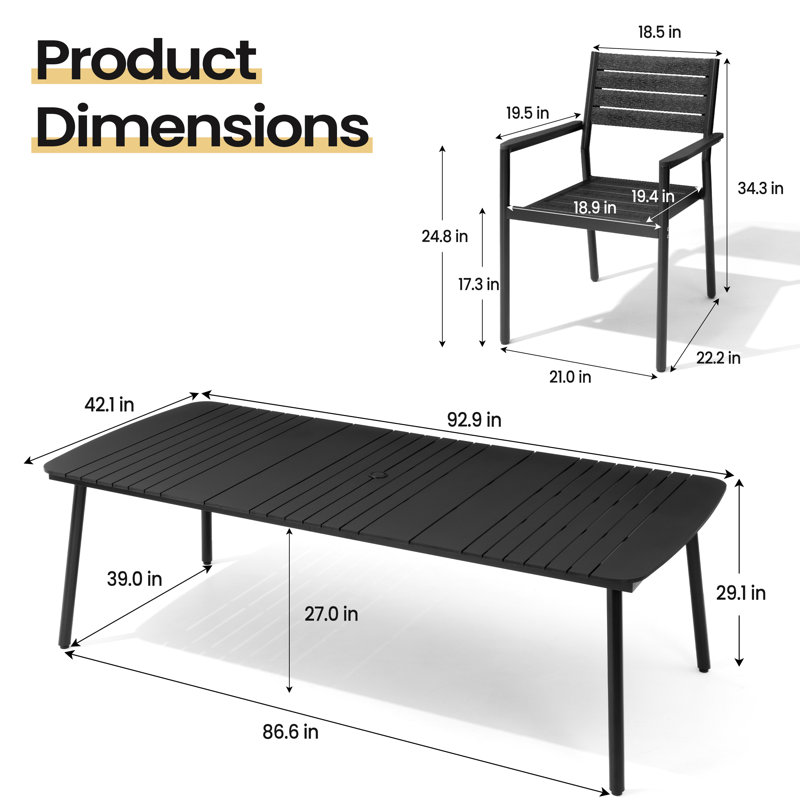  10 - Person Aluminum Outdoor Dining Set with Umbrella Hole, Black